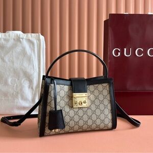 Gucci Beige GG Canvas Top Handle Bag with Black Leather Trim and Gold Hardware